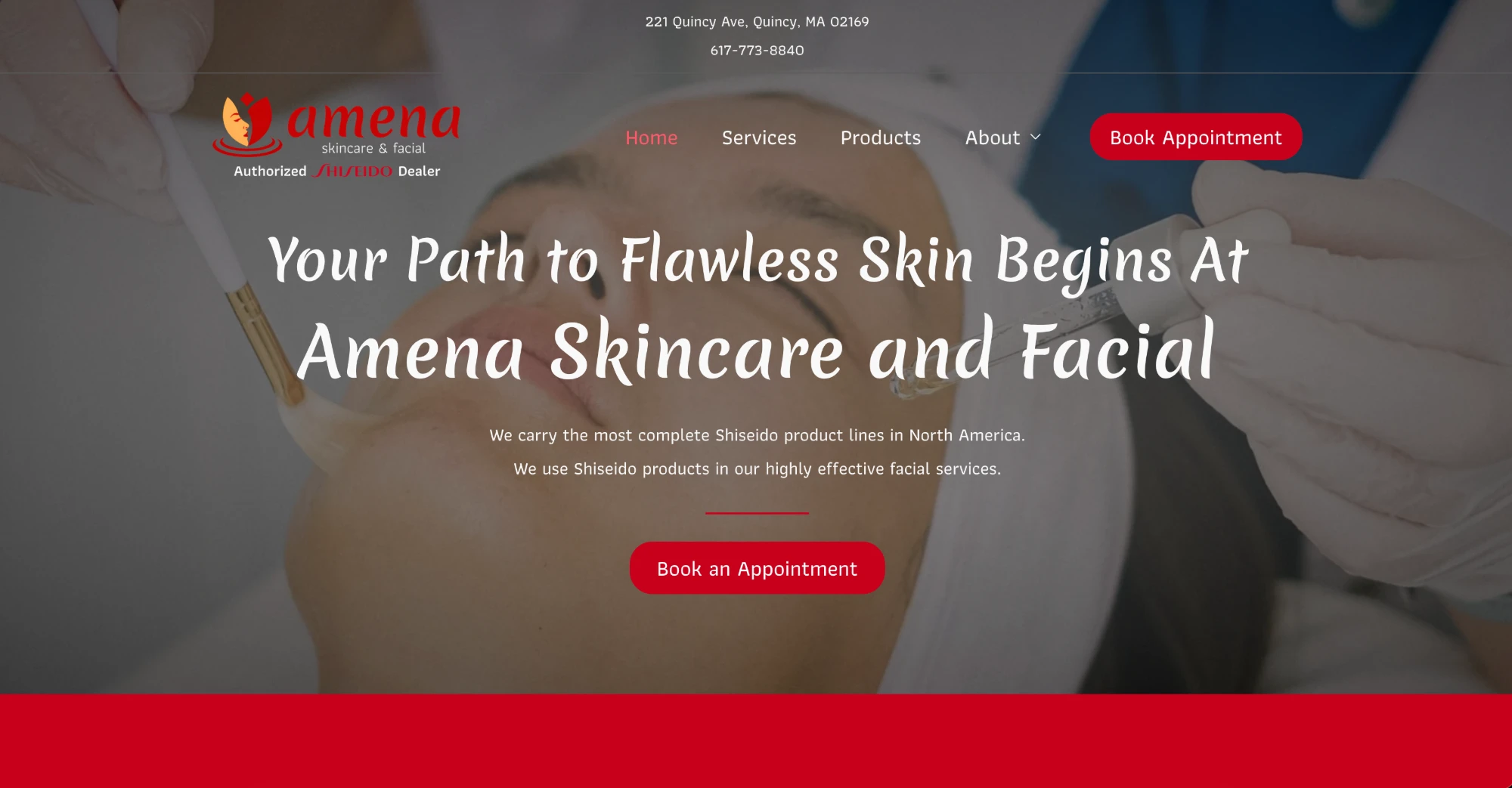 The Amena Skincare and Facial home page: a photo of a facial treatment behind the headline, the address and phone number at the top, and red Book Appointment buttons.