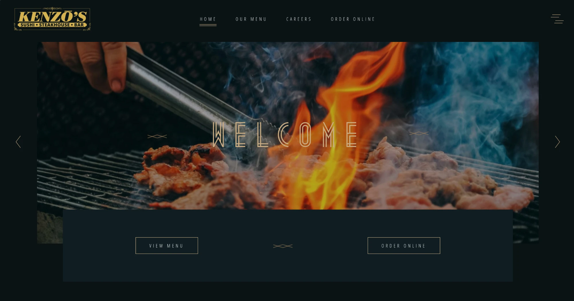 The Kenzo's Sushi & Steakhouse home page: a dark design with a gold logo, a photo of meat on a flaming grill, and buttons to view the menu and order online.