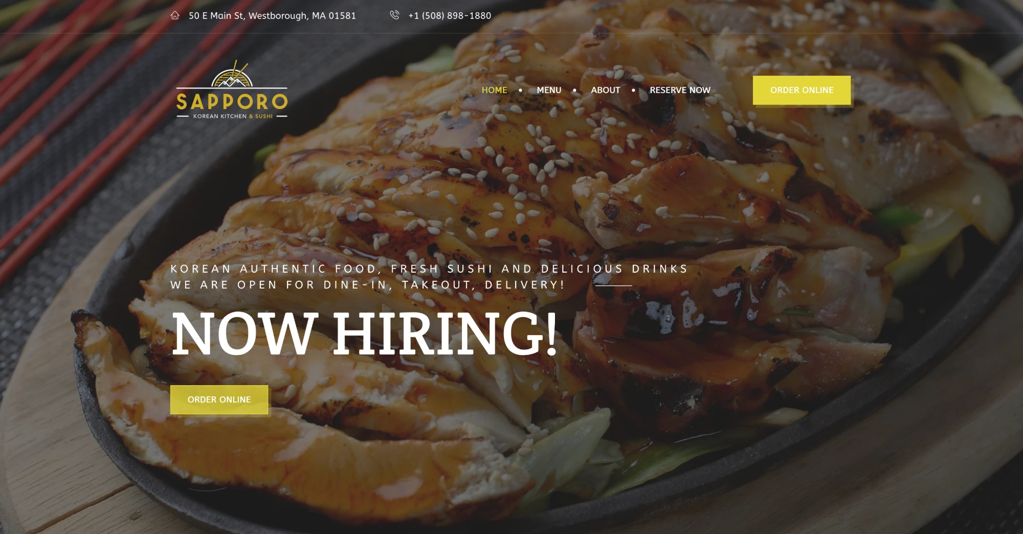 The Sapporo home page: a full-screen photo of grilled chicken on a hot plate, the address and phone number along the top, and Order Online buttons.