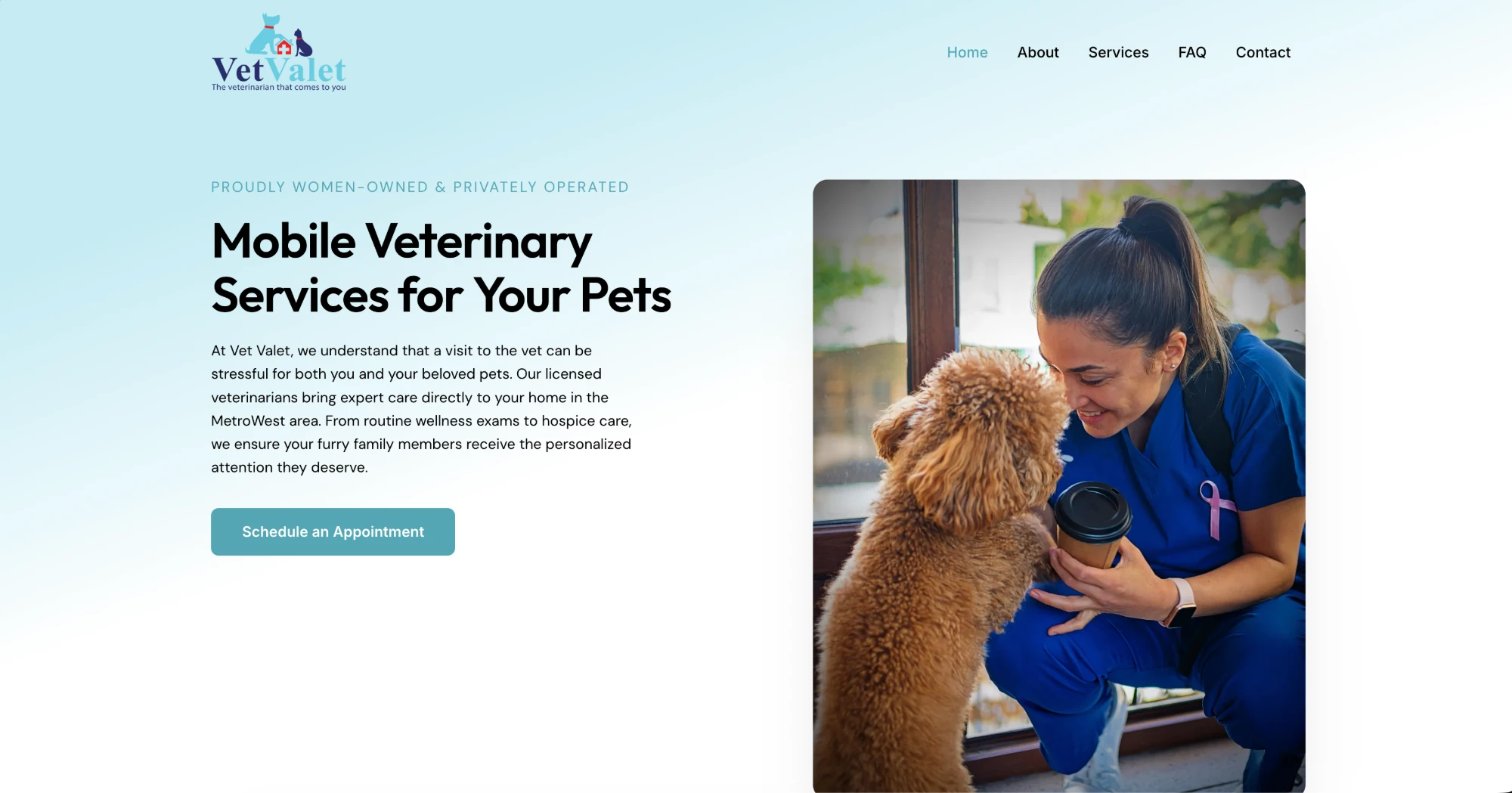 The Vet Valet home page: the headline "Mobile Veterinary Services for Your Pets", a Schedule an Appointment button, and a photo of a veterinarian greeting a dog.