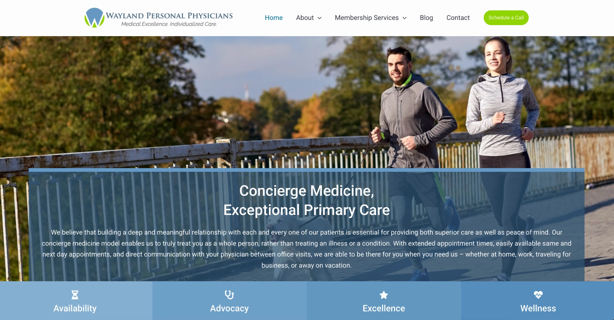 The Wayland Personal Physicians home page as I built it: a photo of two people jogging with a dog, the headline "Concierge Medicine, Exceptional Primary Care", and a Schedule a Call button.